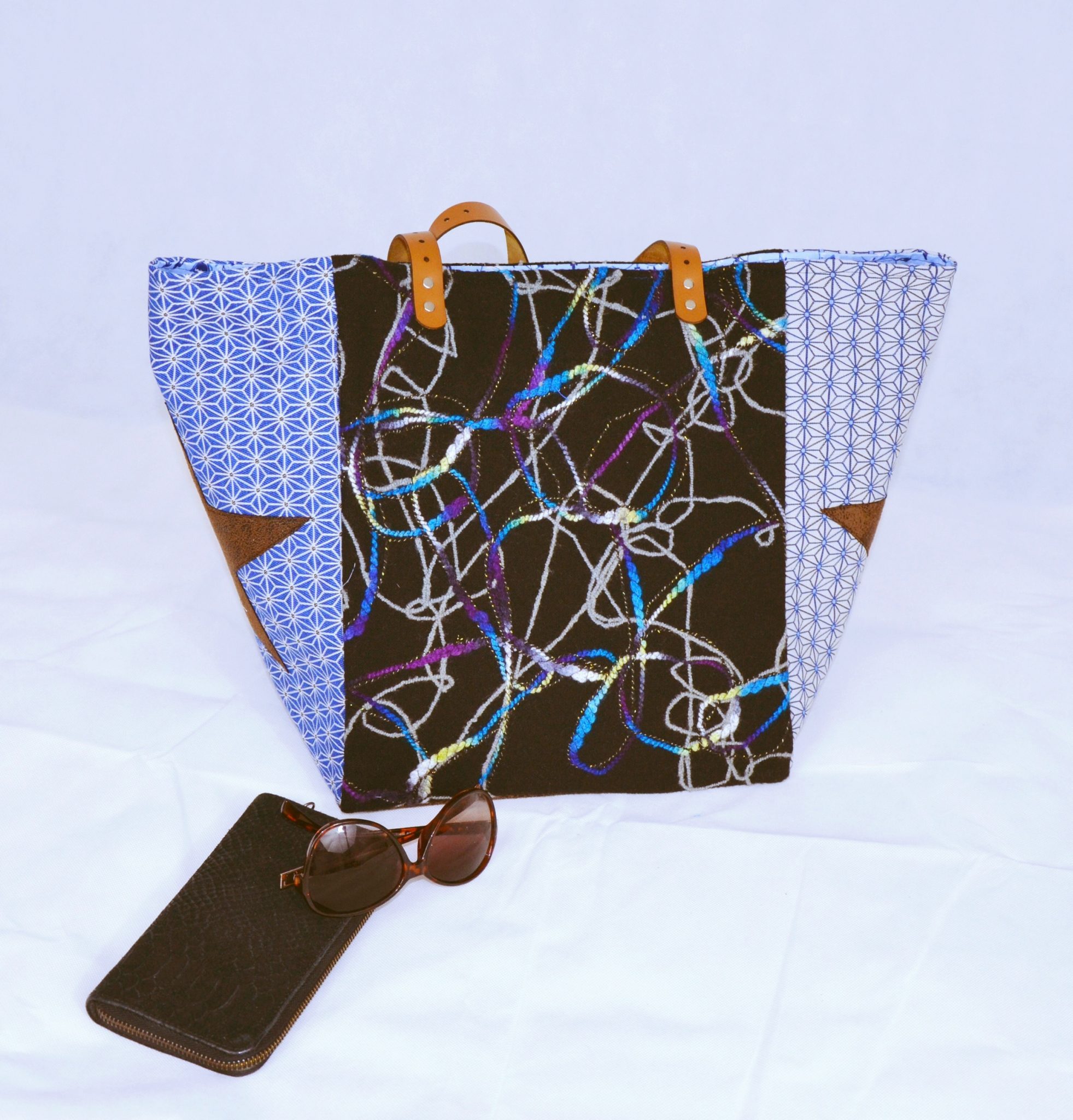 Cabas Feu Follets et Géométrique Bleu - XL 1 Bleu Souris cabas XL laine bouillie bleu tissus géométrique et étoile