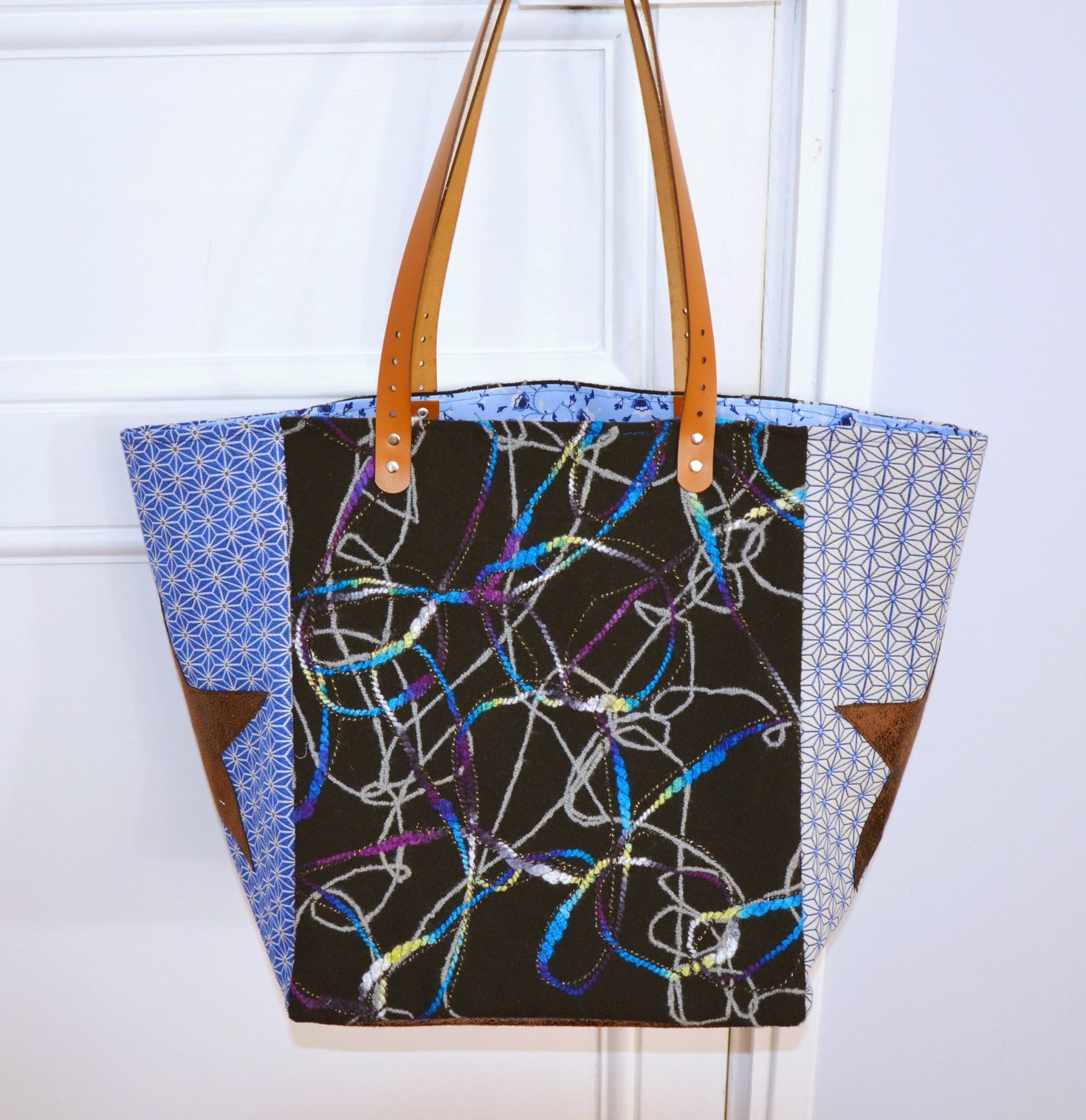 Cabas Feu Follets et Géométrique Bleu - XL 2 Bleu Souris cabas XL laine bouillie bleu tissus géométrique et étoile