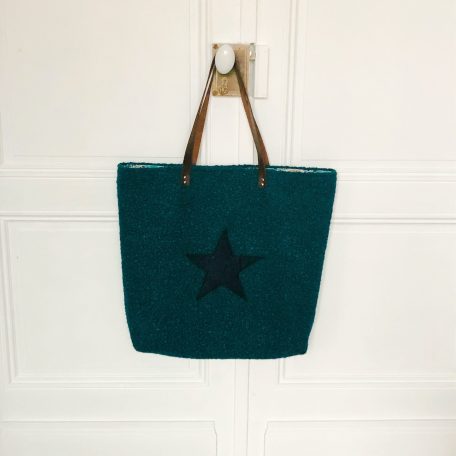 Présentation sac XXL en laine bouclée bleu canard de la marque bleu souris vue de face
